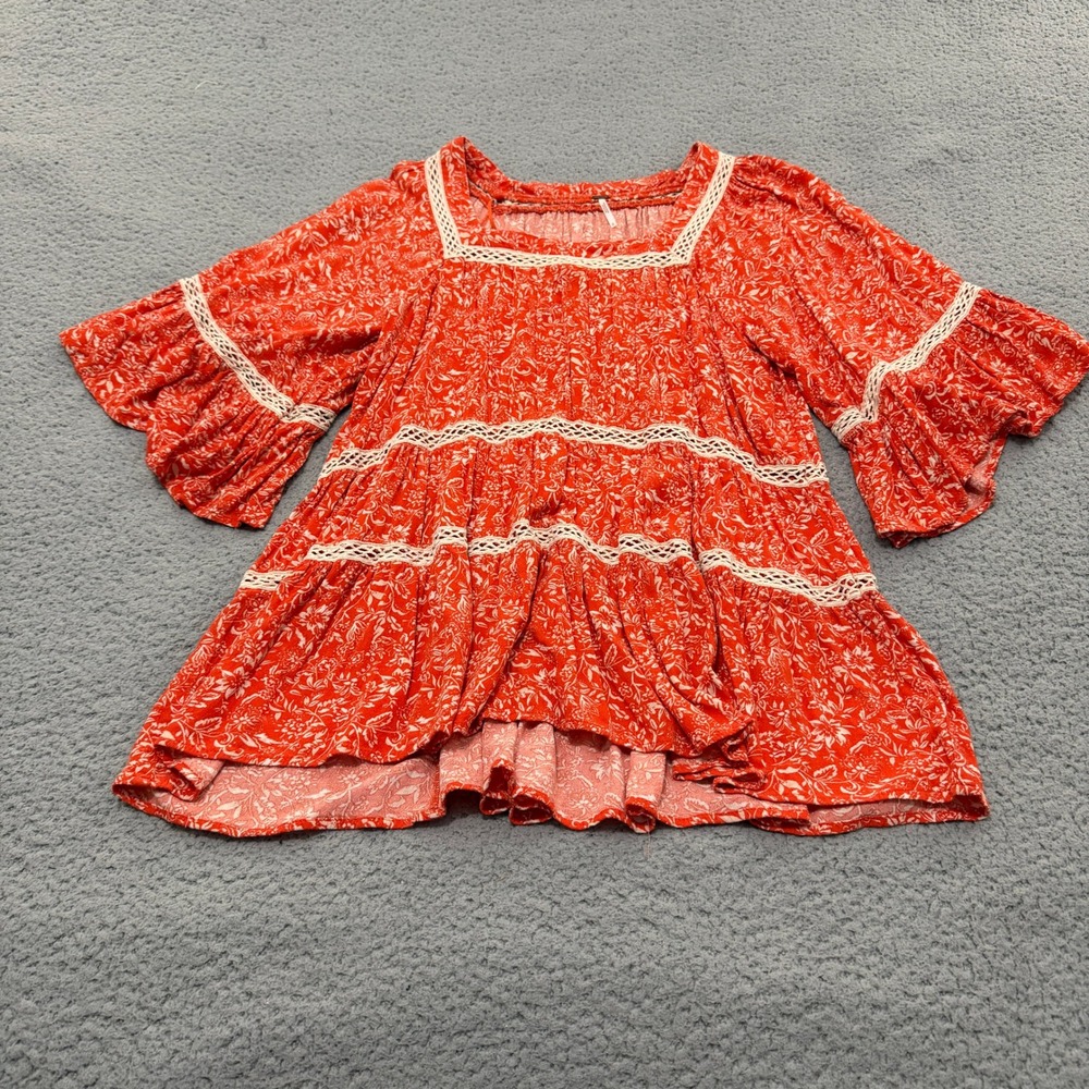 Free People Tunic Top Small Orange Floral Crochet Lace Trim Tiered Babydoll